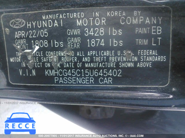 2005 Hyundai Accent GL KMHCG45C15U645402 image 8