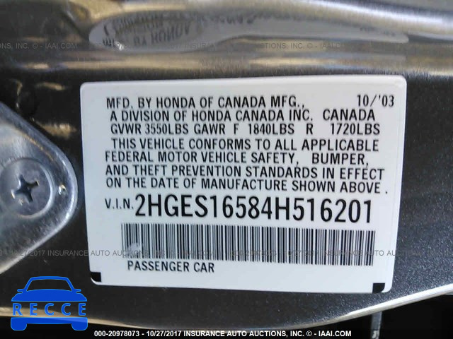 2004 Honda Civic 2HGES16584H516201 image 8