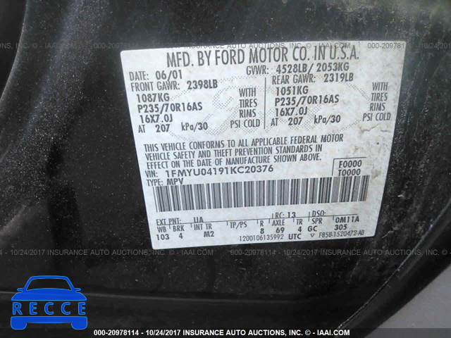 2001 Ford Escape 1FMYU04191KC20376 image 8