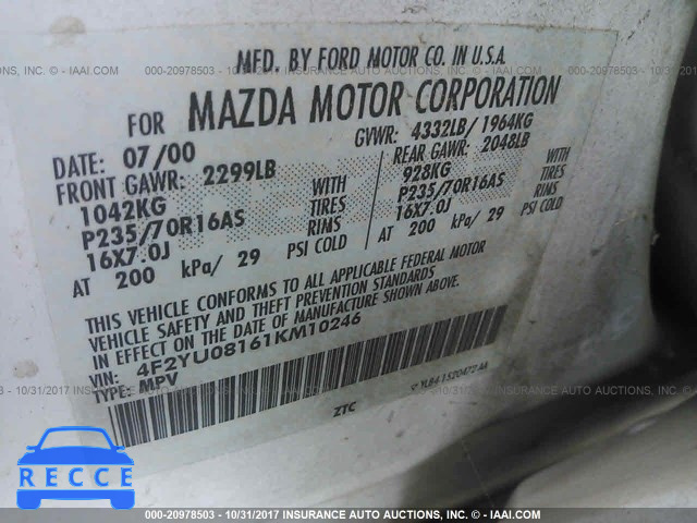 2001 Mazda Tribute LX/ES 4F2YU08161KM10246 image 8