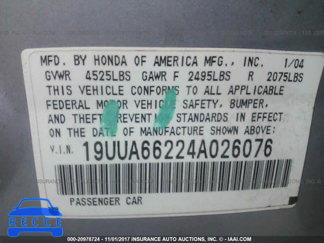 2004 Acura TL 19UUA66224A026076 image 8