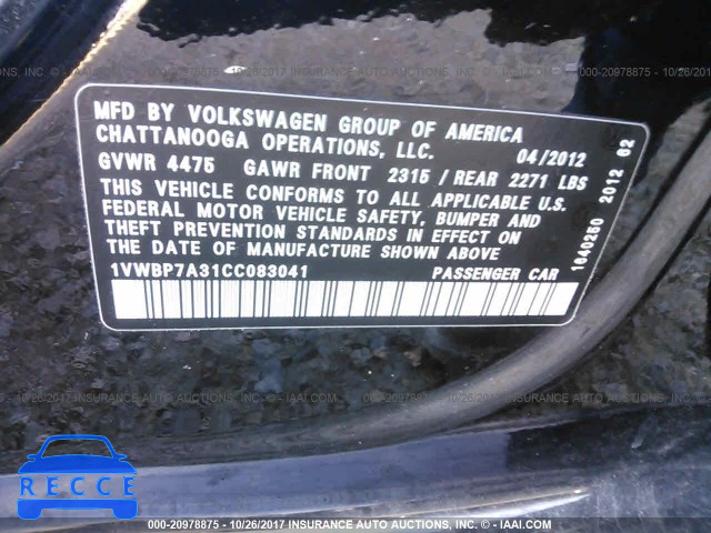 2012 Volkswagen Passat SE 1VWBP7A31CC083041 зображення 8
