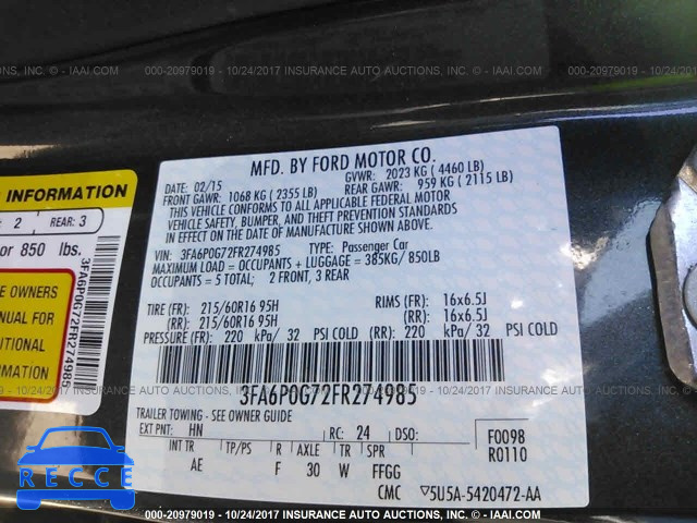 2015 Ford Fusion 3FA6P0G72FR274985 image 8