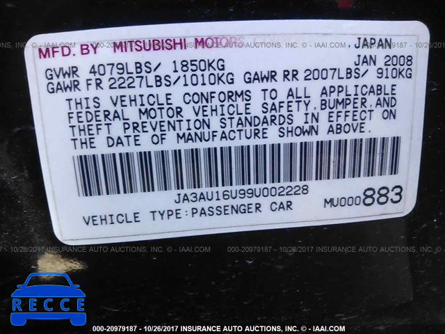 2009 Mitsubishi Lancer JA3AU16U99U002228 Bild 8