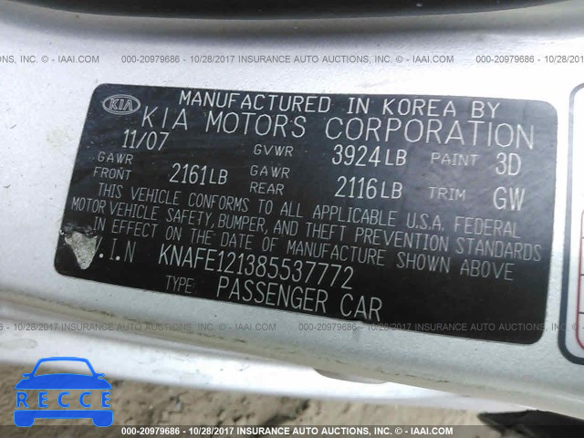 2008 KIA Spectra KNAFE121385537772 image 8