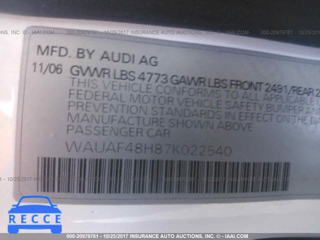 2007 Audi A4 WAUAF48H87K022540 image 8