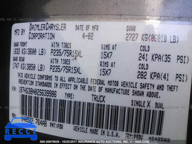 2002 Dodge Dakota QUAD SPORT/QUAD R/T 1B7HG38N02S639986 image 8