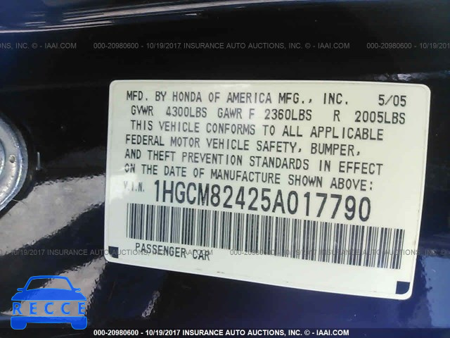 2005 Honda Accord 1HGCM82425A017790 зображення 8