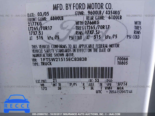 2005 Ford F250 SUPER DUTY 1FTSW21515EC83838 зображення 8