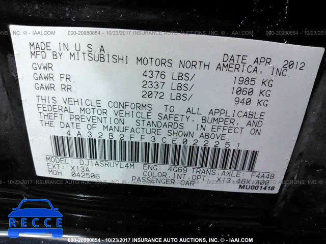 2012 Mitsubishi Galant 4A32B2FF3CE022251 зображення 8