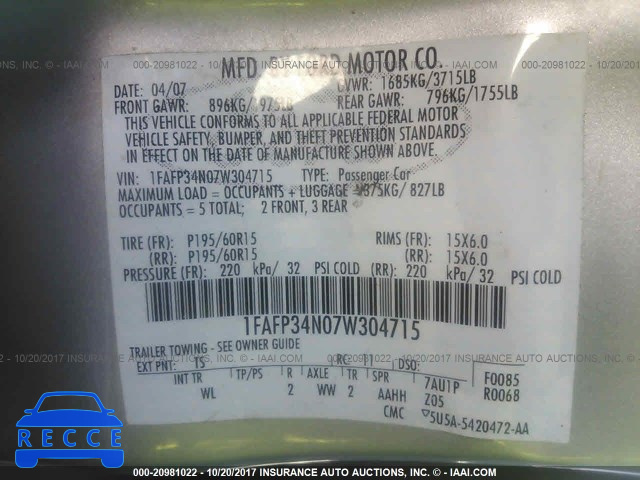 2007 Ford Focus 1FAFP34N07W304715 image 8