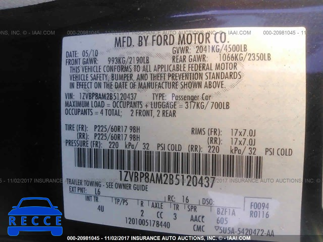 2011 Ford Mustang 1ZVBP8AM2B5120437 зображення 8