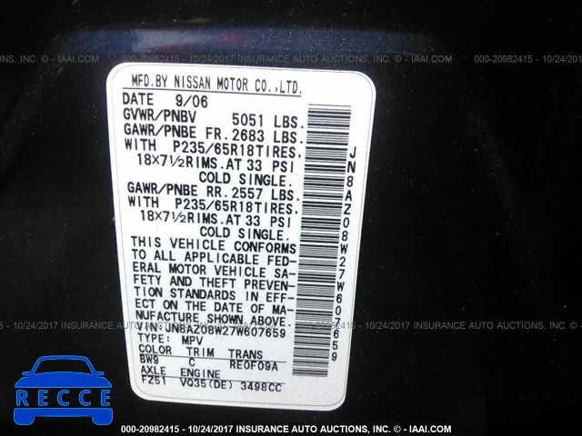2007 NISSAN MURANO JN8AZ08W27W607659 image 8