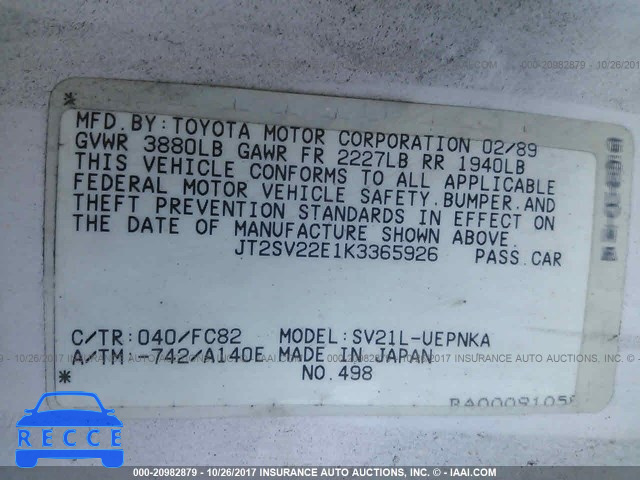 1989 Toyota Camry JT2SV22E1K3365926 image 8