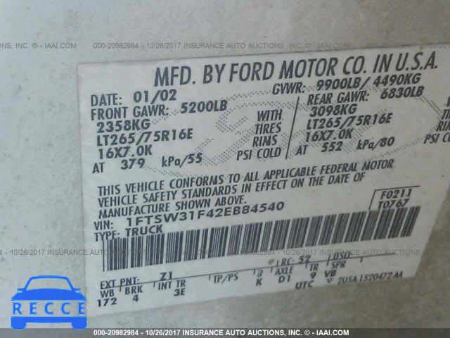 2002 Ford F350 SRW SUPER DUTY 1FTSW31F42EB84540 image 8