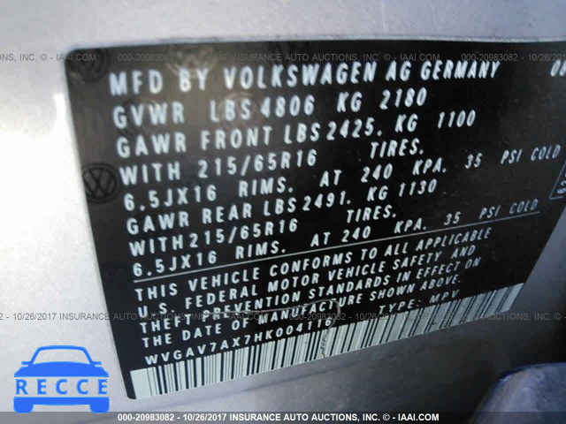2017 VOLKSWAGEN TIGUAN S/LIMITED WVGAV7AX7HK004116 image 8