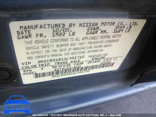 2001 NISSAN SENTRA 3N1CB51D11L451712 image 8