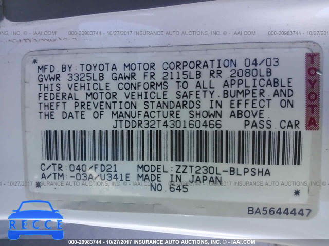2003 Toyota Celica GT JTDDR32T430160466 зображення 8