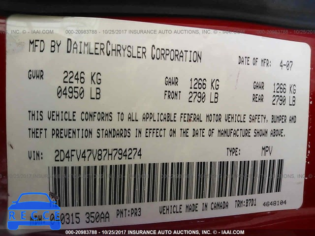 2007 DODGE MAGNUM SXT 2D4FV47V87H794274 image 8