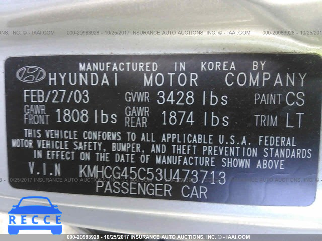 2003 Hyundai Accent GL KMHCG45C53U473713 image 8