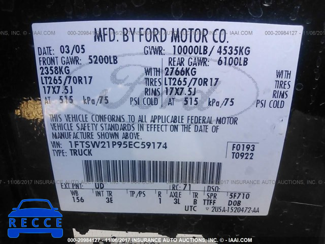 2005 Ford F250 SUPER DUTY 1FTSW21P95EC59174 зображення 8