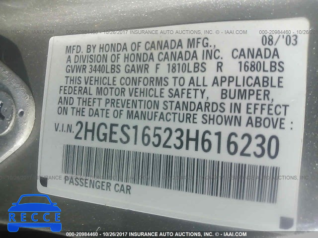 2003 Honda Civic 2HGES16523H616230 image 8