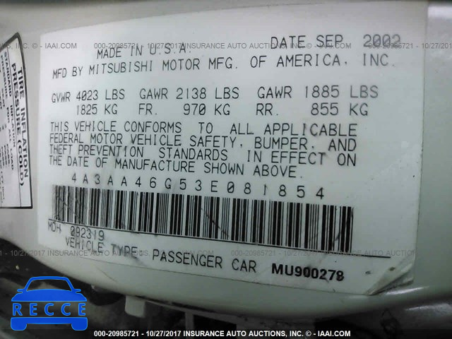 2003 Mitsubishi Galant 4A3AA46G53E081854 image 8