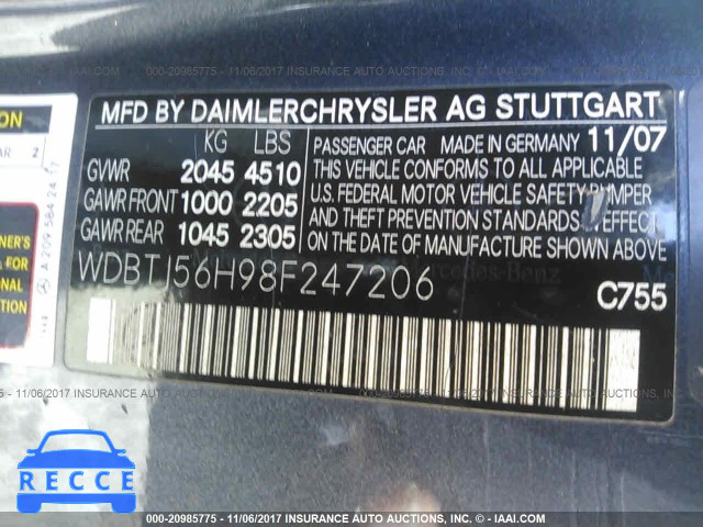 2008 Mercedes-benz CLK 350 WDBTJ56H98F247206 image 8
