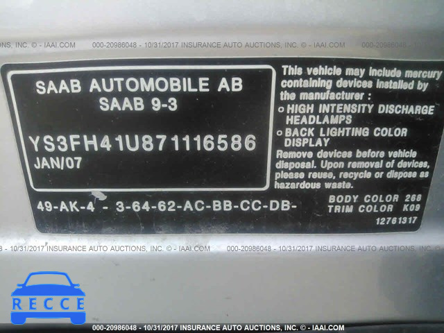 2007 Saab 9-3 AERO YS3FH41U871116586 image 8