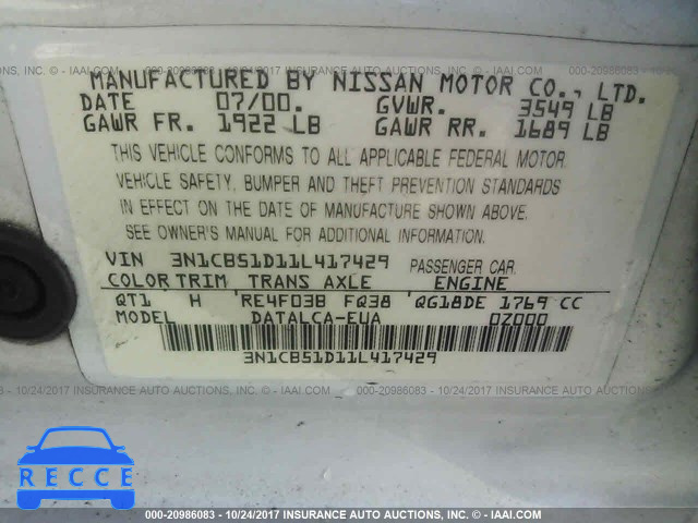 2001 Nissan Sentra 3N1CB51D11L417429 image 8