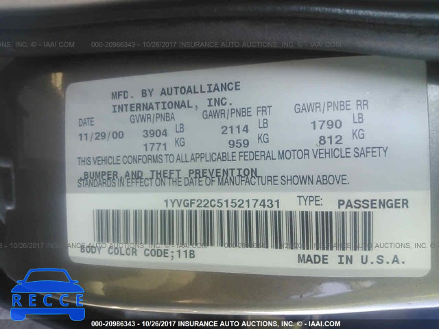 2001 Mazda 626 ES/LX 1YVGF22C515217431 Bild 8