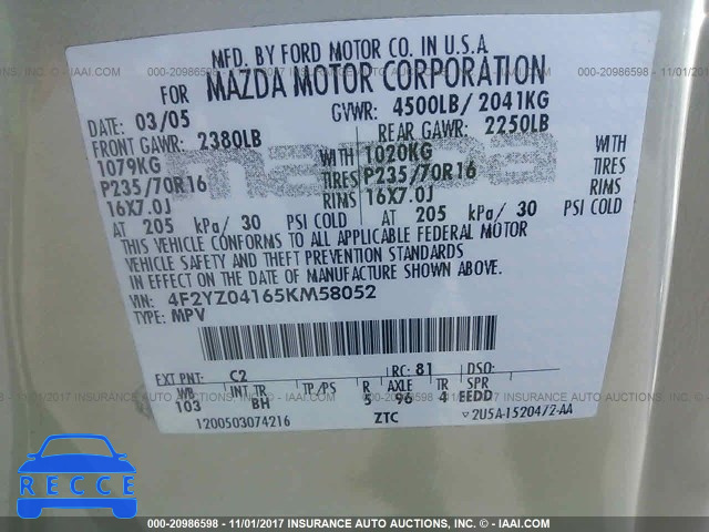 2005 Mazda Tribute S 4F2YZ04165KM58052 image 8