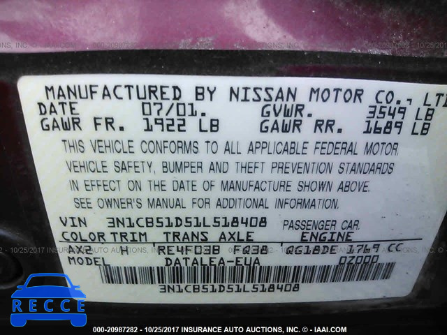 2001 Nissan Sentra XE/GXE 3N1CB51D51L518408 Bild 8