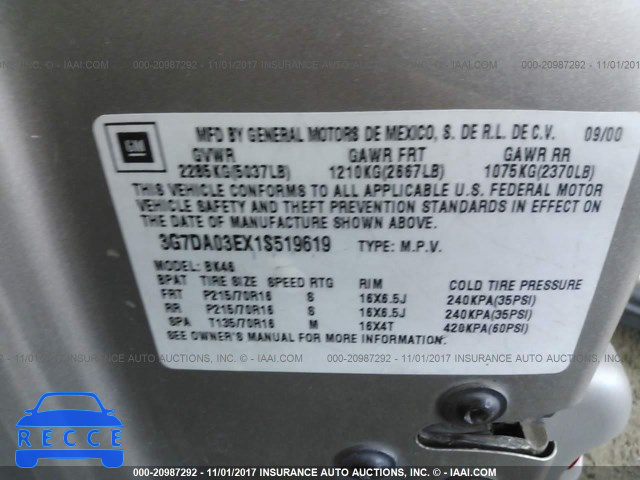 2001 Pontiac Aztek 3G7DA03EX1S519619 image 8