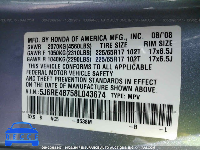 2008 Honda CR-V 5J6RE48758L043674 image 8