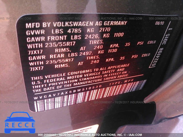 2011 Volkswagen Tiguan S/SE/SEL WVGAV7AX5BW510530 image 8