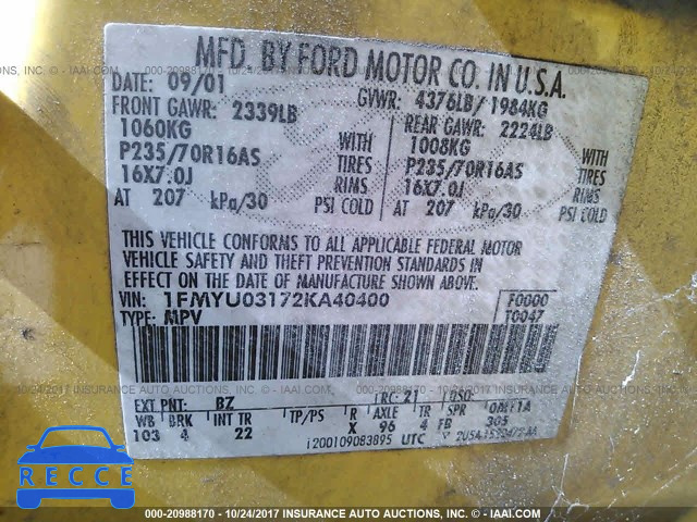 2002 Ford Escape XLT 1FMYU03172KA40400 image 8