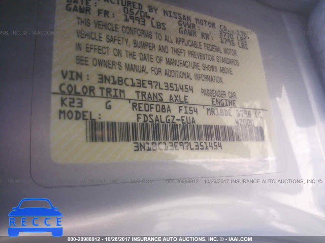2007 Nissan Versa S/SL 3N1BC13E97L351454 image 8