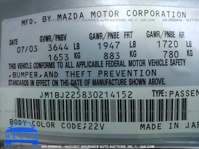 2003 Mazda Protege DX/LX/ES JM1BJ225830214152 image 8