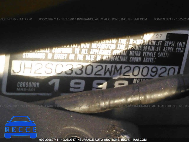 1998 Honda CBR900 RR JH2SC3302WM200920 зображення 9