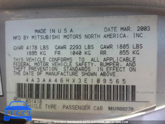 2003 Mitsubishi Galant ES/LS/GTZ 4A3AA46HX3E169565 image 8
