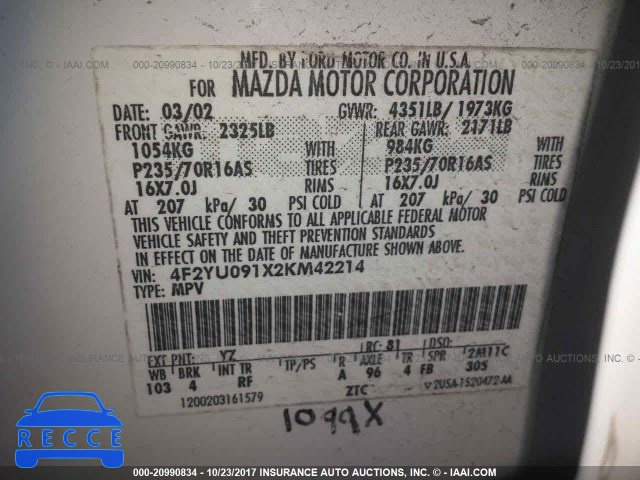 2002 Mazda Tribute 4F2YU091X2KM42214 image 8