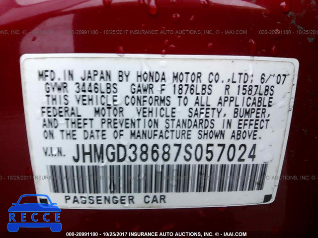 2007 Honda FIT JHMGD38687S057024 image 8