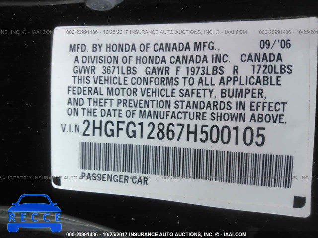 2007 HONDA CIVIC 2HGFG12867H500105 image 8