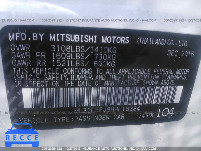 2017 MITSUBISHI MIRAGE G4 ES ML32F3FJ8HHF18384 зображення 8