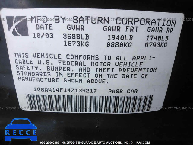 2004 Saturn ION 1G8AW14F14Z139217 зображення 8