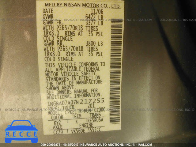 2007 Nissan Titan XE/SE/LE 1N6BA07A07N217255 image 8