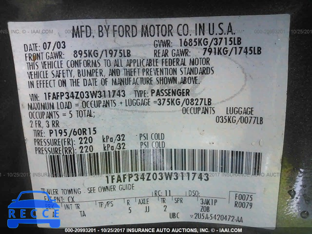2003 Ford Focus SE COMFORT/SE SPORT 1FAFP34Z03W311743 Bild 8