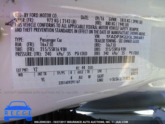 2016 Ford Focus 1FADP3K22GL386481 зображення 8