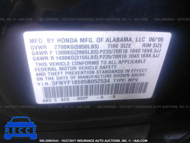2005 Honda Pilot EXL 5FNYF18595B052534 image 8